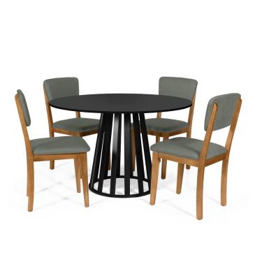Imagem de Mesa De Jantar Redonda Gabi Preta Com 4 Cadeiras Estofadas Ella Cinza