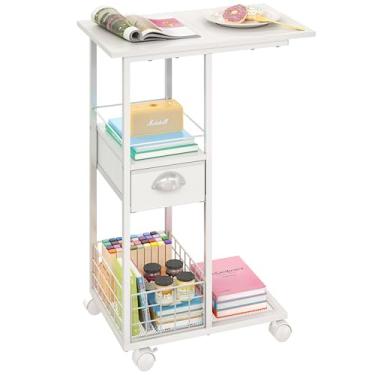 Imagem de Mesa lateral com gaveta de armazenamento, mesa de cabeceira branca com rodas, bandeja de TV para sofá, mesa portátil sobre rodas, mesa de cabeceira moderna, mesa de cabeceira para quarto, mesas de