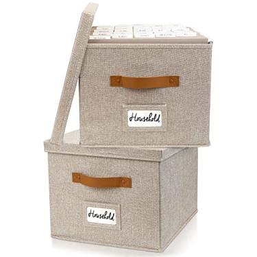 Imagem de ZICOTO Conjunto de 2 caixas decorativas organizadoras de arquivos - Armários de arquivo dobráveis de linho com alças são perfeitos para armazenar todos os seus documentos e pastas de arquivos