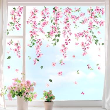 Imagem de Tanlaby Adesivos de janela de flor de pêssego primavera verão adesivos de janela estática flores rosa decalques de vidro dupla face decoração anticolisão para sala de estar, cozinha, janelas, portas
