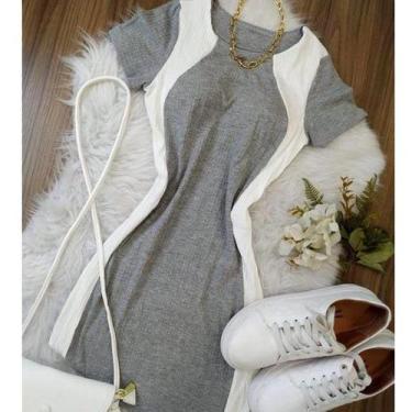 Imagem de Vestido feminino canelado manga curta listra branca - Filó Modas