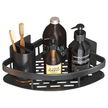 Imagem de Prateleira de Canto Triangular, Organizador para Banheiro Cozinha Lavanderia, Aço Inox Preto, Instalação Sem Furar