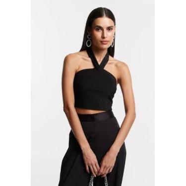 Imagem de Blusa cropped em meia malha metalizada com decote Halter preto - dai m