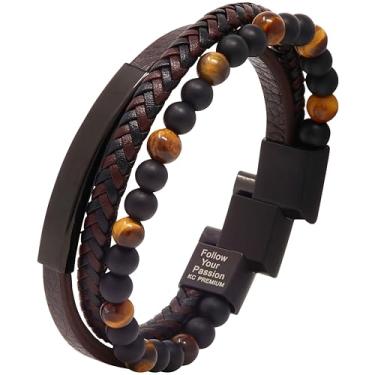 Imagem de KC Premium Pulseira masculina de contas de couro gravada com fecho magnético ajustável e inspirador, punho trançado, olho de tigre, pedra vulcânica, pedra e contas, presente para ele, preto, marrom