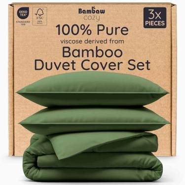 Imagem de Bambaw Capa de edredom 100% viscose derivada de bambu King Size – Conjunto de capa de edredom refrescante de 3 peças, super macio e respirável, roupa de cama de luxo, sem edredom (oliva)