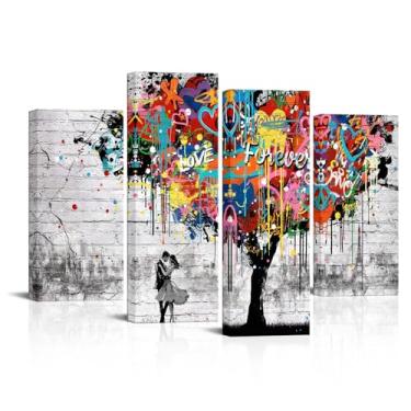 Imagem de YeiLnm Tela Banksy 4 peças arte de parede grafite colorido com dança de casal em Paris pintura 81.3 cm x 121.9 cm