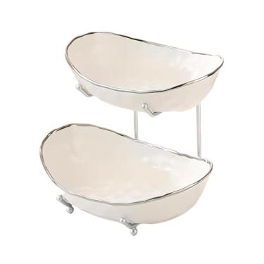 Imagem de jessie Tigela de frutas de cerâmica de 2 camadas para balcão de cozinha com rack de metal, cesta de frutas com suporte, tigelas de porcelana para pão de legumes, doces, lanches, nozes, bandeja de bolo