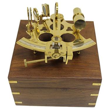 Imagem de THOR INSTRUMENTS Sextante astrolábio de latão de 15 cm com caixa de madeira decorativa: presentes de decoração de casa vintage rústico náutico