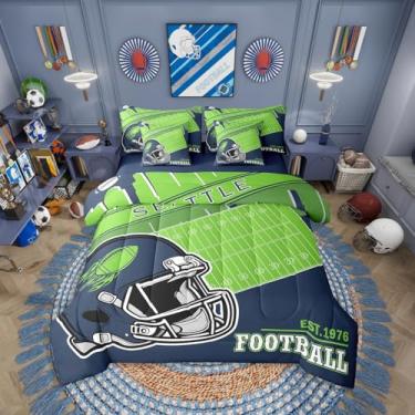 Imagem de Erosebridal Jogo de cama solteiro para fãs de futebol americano da cidade de futebol americano, 7 peças, presentes para meninos e adolescentes, jogo de cama infantil verde marinho (Seattle)