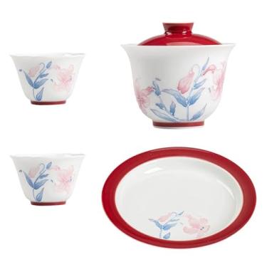 Imagem de Conjunto de chá de gongfu pintado à mão – motivos de lírio em porcelana branca pura, inclui bule de chá, Gaiwan, xícaras de chá e bandeja de bule, conjunto de cerimônia de chá para adultos (Gaiwan +