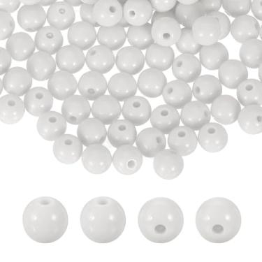 Imagem de HARFINGTON 100 peças de contas redondas de acrílico branco 8 mm de diâmetro 1,9 mm furo de resina plástica bolas lisas contas soltas para fazer joias, pulseiras, colar, brincos, faça você mesmo