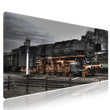 Imagem de Wknoon. Tapete de mouse extragrande para jogos (80 cm x 30 cm) com bordas costuradas duráveis – Locomotiva a vapor vintage trem antigo em uma estação ferroviária, base antiderrapante e superfície de