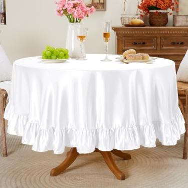 Imagem de Entisn Toalha de mesa redonda com babados de 177 cm, capa de mesa de cetim branco inclui acabamento de 12 cm para mesa de 50 a 122 cm, lavável e resistente a amassados, decoração sedosa para banquete