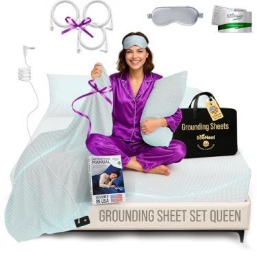 Imagem de ECOHEAL Jogo de lençol Queen Queen com elástico branco e lençol de cima com fronhas - 12% fibra de prata, 4% seda, 84% algodão orgânico - Kit de aterramento de cama condutor para dormir melhor