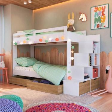 Imagem de Beliche Infantil Com Escada Estante e 2 Gavetões 143 cm - Completa QI,