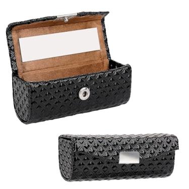 Imagem de BUNCHBRAVO Estojo de batom com espelho, padrão de diamante, suporte de batom de couro vegano para um tubo, organizador de maquiagem fino para viagens e retoque rápido (preto)