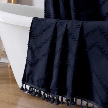 Imagem de OWENIE Cortina de chuveiro extra longa, azul marinho, boho, chique, tufada, listrada, texturizada, tecido texturizado, cortinas de chuveiro com borla para banheiro, casa de fazenda estilo hotel macio
