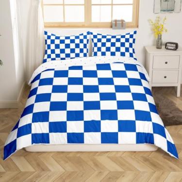 Imagem de Feelyou Jogo de cama xadrez retrô para adolescentes, mulheres, homens, azul, branco, xadrez, tamanho casal, para crianças, meninos, meninas, geométrico, vintage, moderno, simples, decoração de quarto