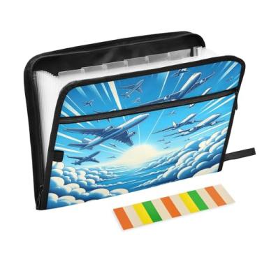 Imagem de Pasta de arquivos expansível de aviões voando no céu, organizador de arquivos sanfonado de 13 bolsos com etiquetas adesivas com zíper, organizador de documentos A4 portátil para casa, escritório