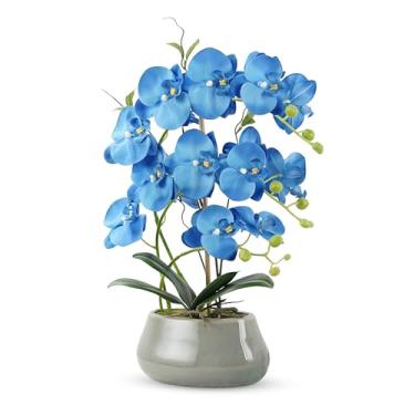 Imagem de Flores artificiais de orquídea com vaso cinza, flores grandes de seda falsa, Phalaenopsis, para sala de jantar, mesa, centro de mesa floral, decoração interna, azul