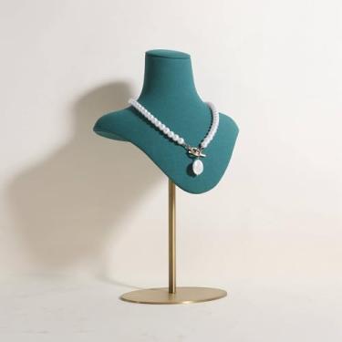 Imagem de GemeShou Busto de colar bege para meninas, organizador de exibição de joias de veludo, manequim de colar pequeno com base ajustável de metal, suportes de exibição de colar para venda 【Verde】