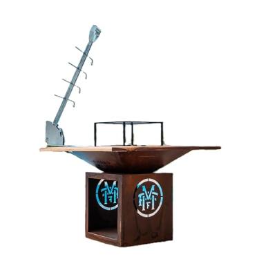 Imagem de Churrasqueira Lareira Estação Gourmet a Carvão 3 em 1 com Chapa, grelha, quadro de Segurança madeira e Espeto Costelão – Barn FierroMartin, Churrasco Rústico Fogo de chão