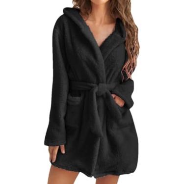 Imagem de Mulheres Inverno Pelúcia Térmica Longo Roupão De Banho Xale Com Capuz Roupão De Banho Quente Quimono Roupão De Flanela Roupão De Banho Pijamas, Black, M
