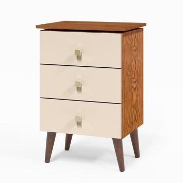 Imagem de Mesa De Cabeceira Liv Para Quarto Com 3 Gavetas Retrô Pés Palito - Nature - Off White