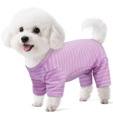 Imagem de LETSQK Pijama listrado para cães – Pijamas para cães pequenos a grandes, terno de lã que cai, elástico e lavável na máquina, corte de barriga para machos, ótimo para cirurgia e clima frio, roxo P