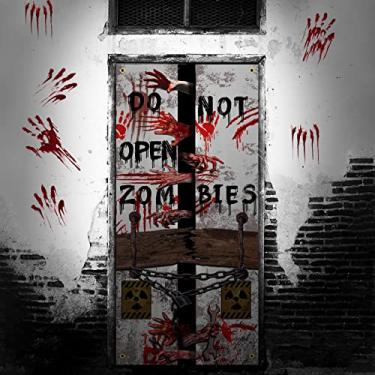 Imagem de Capa de porta de zumbis de halloween acessório de festa decoração de halloween terror pôster não abrir porta suprimentos de festa zumbi, 2 x 9 pés