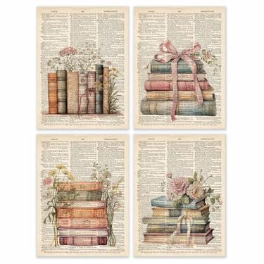 Imagem de BESERH Decoração de parede retrô de livros, impressões de arte de parede de livro vintage, pôster de dicionário floral com laço preppy para sala de leitura, canto, biblioteca, sala de aula, 30,5 x