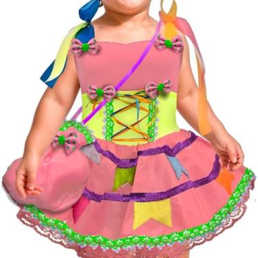 Imagem de Vestido Festa Junina Bebê Luxo Rosa Neon Com Bolsa de 0 Meses a 2 Anos (M 1-2)