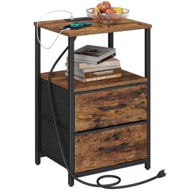 Imagem de TUTOTAK Mesa de canto com estação de carregamento, mesa de cabeceira, mesa lateral com 2 portas USB e tomadas, mesa de cabeceira com gaveta de pano, mesa de cabeceira para sala de estar, quarto marrom