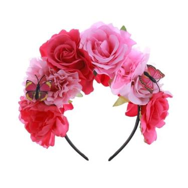 Imagem de Koolgil Tiara de coroa de flores rosas de Halloween com borboletas Dia dos Mortos Fantasma Festival do Orgulho (Mês do Orgulho - Rosa Fúcsia)