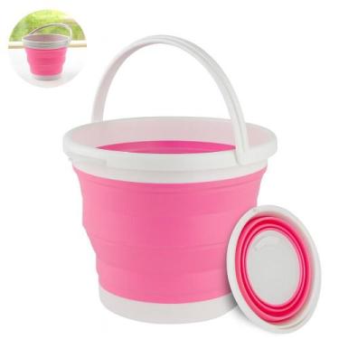 Imagem de Balde Dobrável Silicone Compacto 10L Rosa Multiuso Camping Gelo Garraf