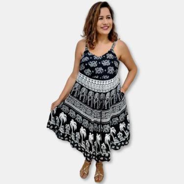 Imagem de Vestido Trapézio Indiano Alça com Bolso Estampa elefantes - Sarat Moda