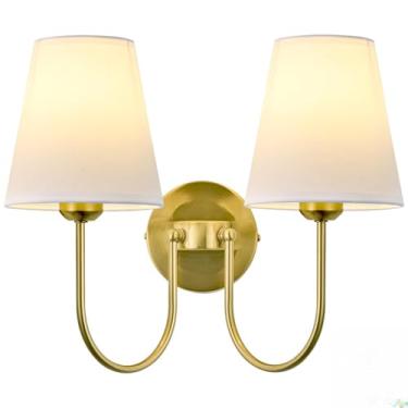 Imagem de LEECOORA Arandela de parede de 2 luzes de tecido branco com fio – Luminária de sombra de pano de cabeça dupla para quarto, banheiro e corredor (fio direto)