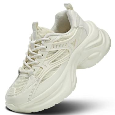 Imagem de Kvovzo Tênis feminino grosso, moderno, plataforma, casual, para pai, confortável, caminhada, corrida, esporte, trabalho, academia, atlético, Bege, 36