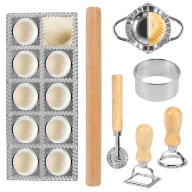 Imagem de Conjunto de moldes de ravioli de 7 peças, conjunto de moldes de prensa de ravioli - 10 furos, cortador de carimbos de ravióli, rolo de madeira, molde de prensa de bolinhos, ferramentas para fazer