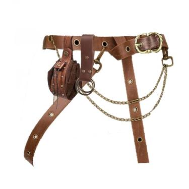 Imagem de Conjunto de 3 peças com cinto renascentista de Halloween, bolsa de moedas, suporte para telefone, saia, caminhadas, medieval, viking, pirata, cinto de couro, conjunto de fantasia, Corrente marrom