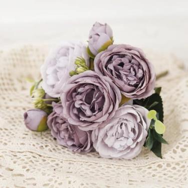 Imagem de Flores artificiais de peônia de seda, buquê de rosas, decoração de Natal para casa, arranjos florais falsos para casamento, jardim, guirlanda para festa, acessórios faça você mesmo (cinza, roxo)
