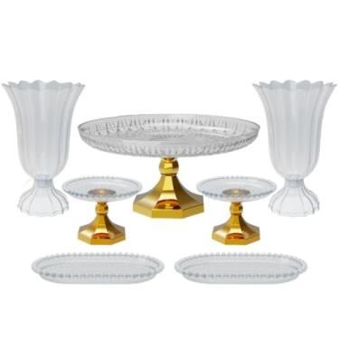 Imagem de Kit Cristal boleira lapidada 24x11+2 vasos popi+2 mini boleiras perola+ 2 bandejas perola 20x13 cm(MD - METALIZADO DOURADO)