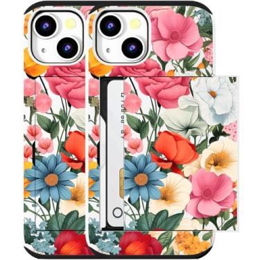 Imagem de MUQR Capa compatível com iPhone 15 com porta-cartão fofo - Design Kawaii proteção contra quedas de grau militar capa carteira robusta para mulheres (branco, rosa, várias flores)