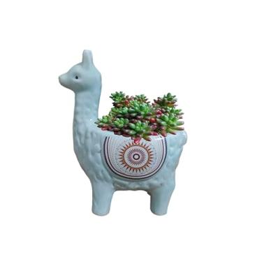 Imagem de Vaso de suculentas de cerâmica em forma de lhama com orifícios de drenagem, vaso de animais pintado à mão para cactos e suculentas internos, decoração de casa exclusiva e presente (azul)