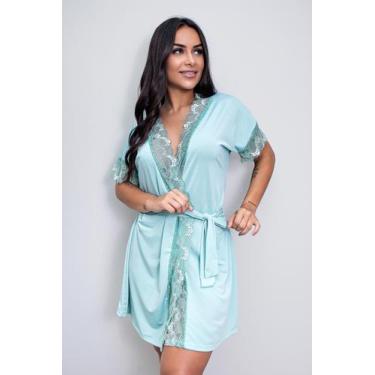 Imagem de Robe de Luxo Microfibra Com Renda Hobby Roupão Roupa de Dormir com Cin