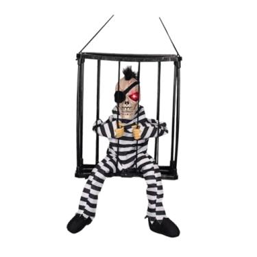 Imagem de oshhni Esqueleto falante assustador, prisioneiro, brinquedo de terror, vocalização, adereço, estatueta, decoração animada gritando para adereços, Roupas Listradas