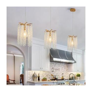 Imagem de Pacote com 3 luzes pendentes de cristal de luxo, lustre elegante com acabamento dourado e design de contas em cascata