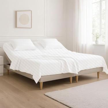 Imagem de Jogo de lençóis King com parte superior dividida para camas ajustáveis, 800 fios, 100% algodão egípcio, 4 peças, bolso profundo de 45,72 cm - Dividido 86,4 cm a partir do topo - Listras brancas