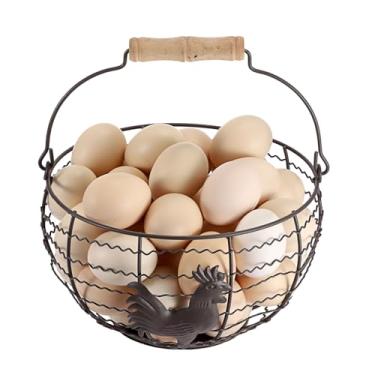 Imagem de OGANAZI Cesta de ovos de galinha de 20 cm para coletar ovos frescos, cesta de metal rústico para ovos de galinha para bancada, cozinha, cesta de arame estilo vintage, redonda, padrão de galo, fundo