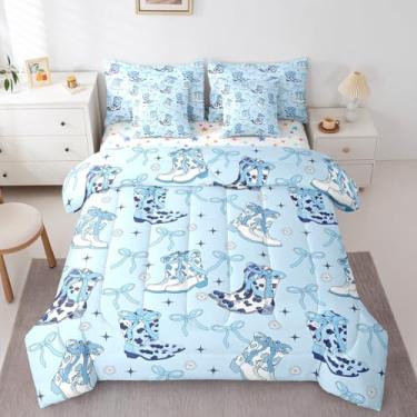 Imagem de Erosebridal Conjunto de edredom casal de cowgirl azul com laço ocidental com laço sudoeste, 7 peças, para quarto de crianças, meninos, adolescentes, mulheres, rústico, caubói